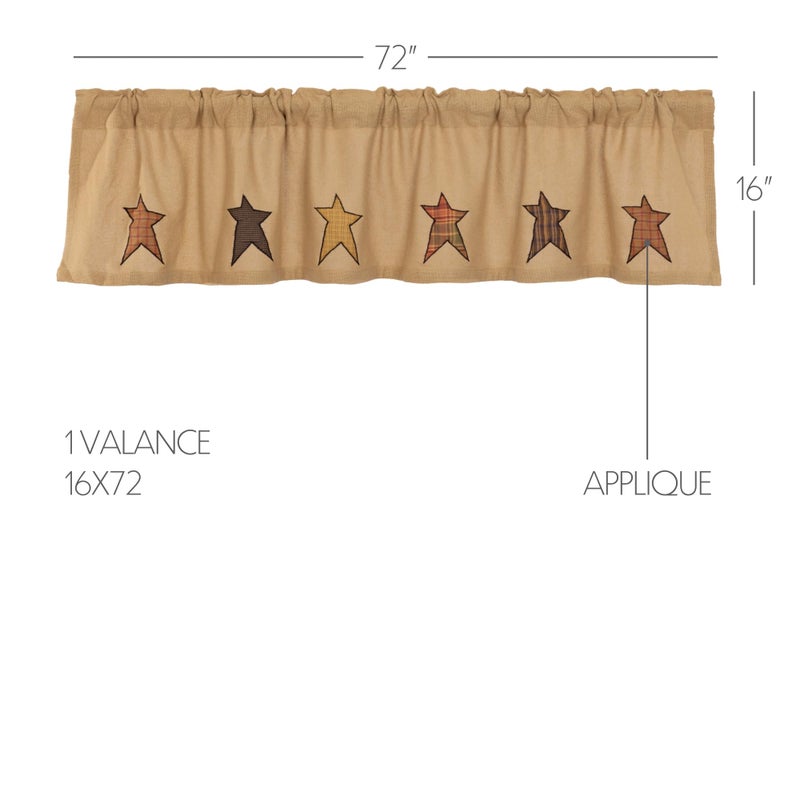 VHC Brands Stratton Primitive 16"x72" Stars Valance Tan Rod Pocket Appliqued Cotton Burlap Kitchen Window Curtains - Image 2